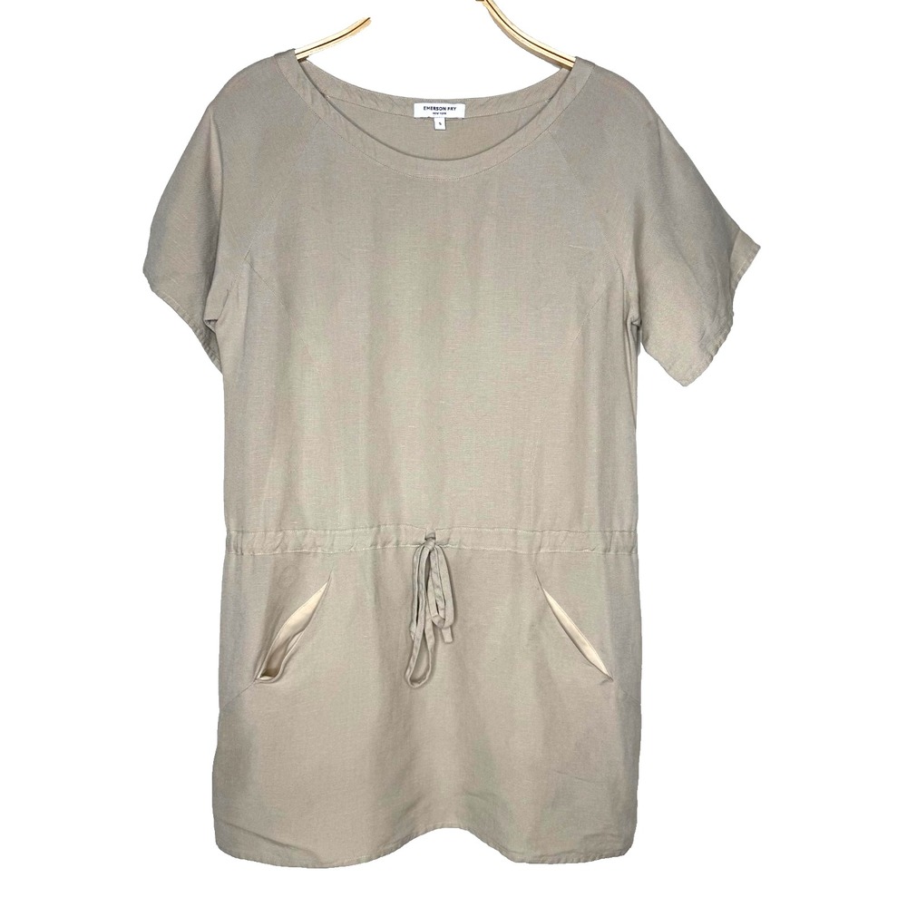 Emerson Fry Dress Drawstring Shift Short Sleeved Mini Summer Capsule Tan Size S
